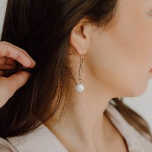 Gold Paperclip Baroque Pearl Earrings